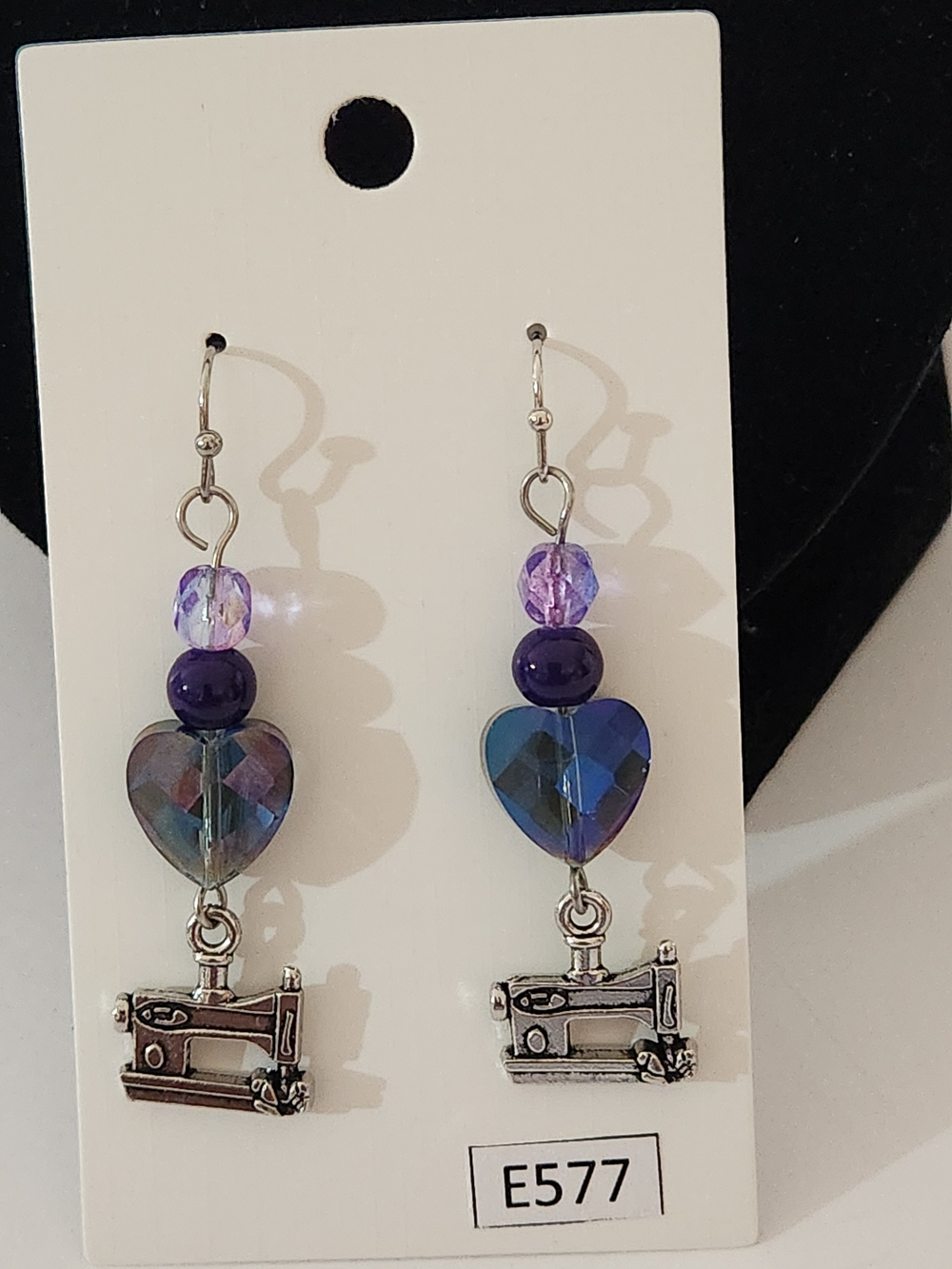 Hand Crafted Purple Heart Sewing Machine Dangle Earrings
